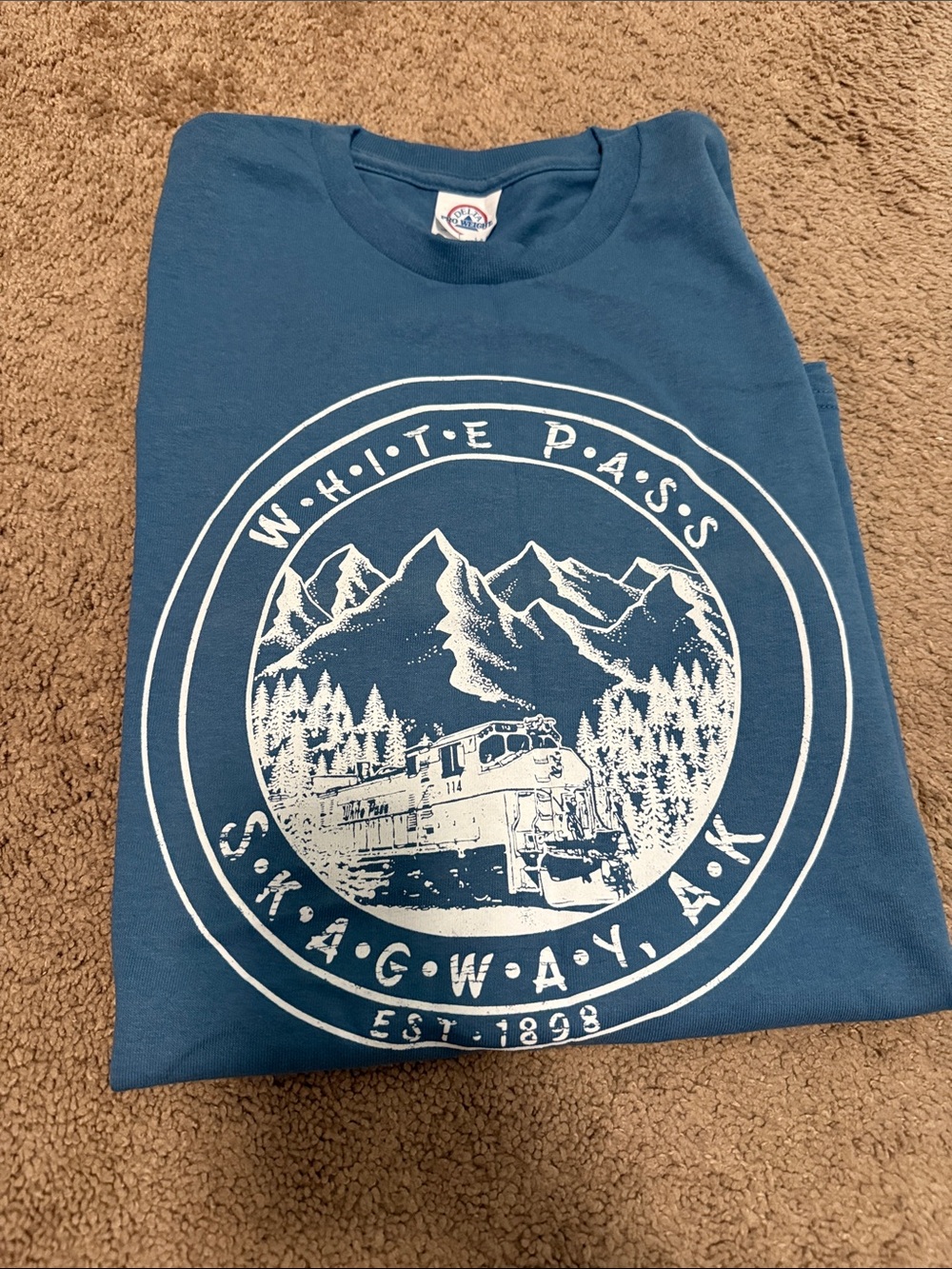 Delta Blue Short Sleeve Tee with White Mountain Train Graphic
